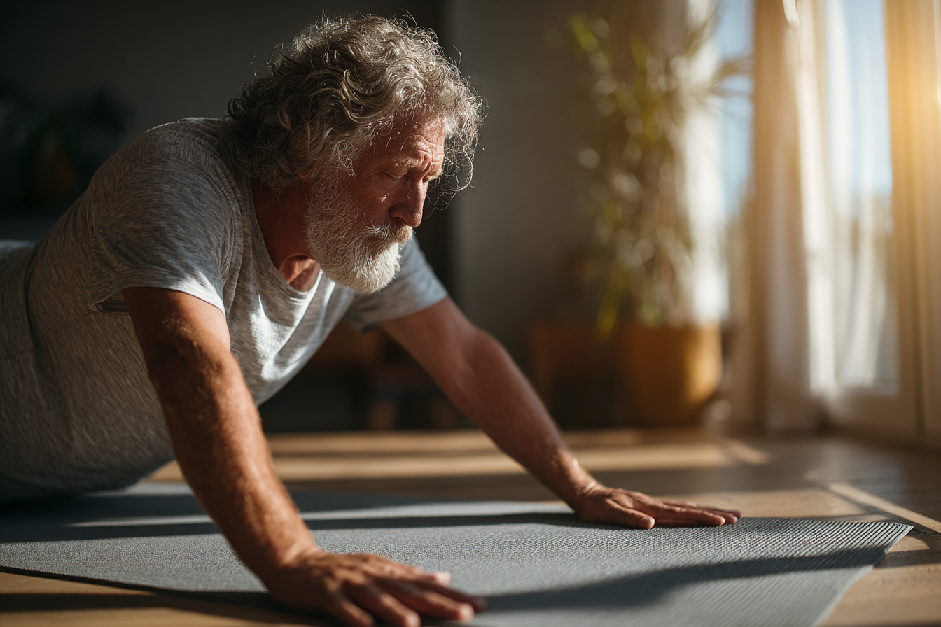 Instructor de yoga ghidând un grup de seniori într-o seance de stretching gentle