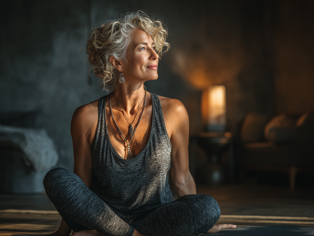 Seniori practicând yoga în poziția lotusului într-un studio liniștit cu lumină naturală